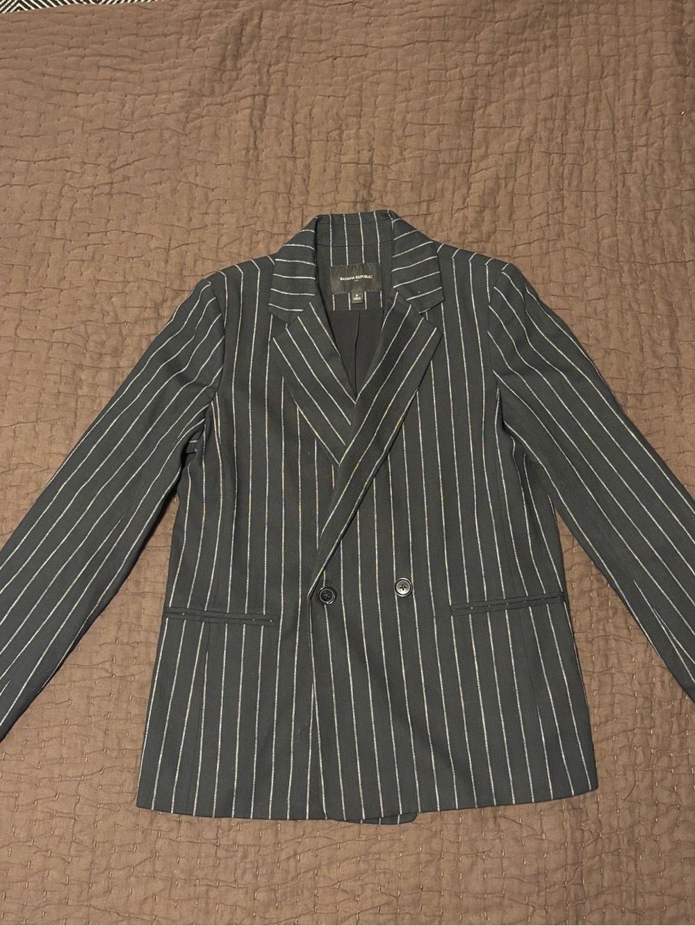 Banana republic double breasted blazer pinstripe black size 8 linen blend